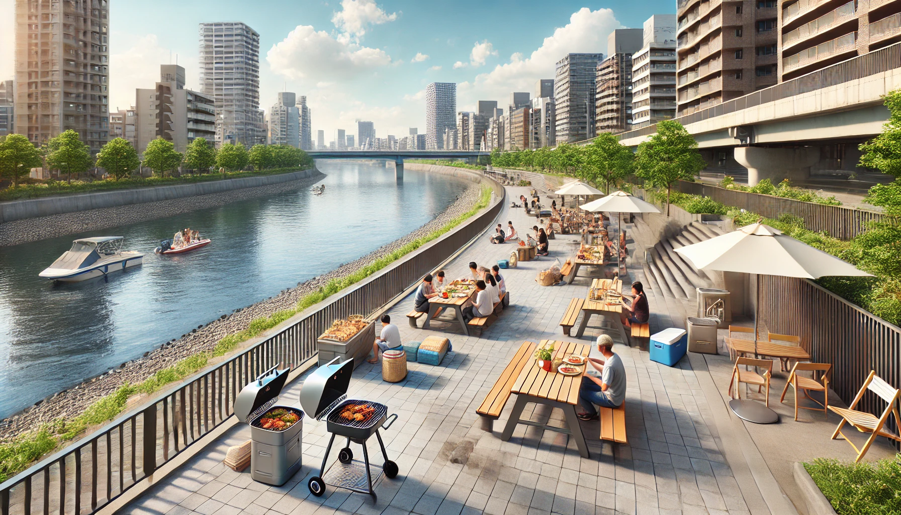 川のそばで涼しいBBQエリア