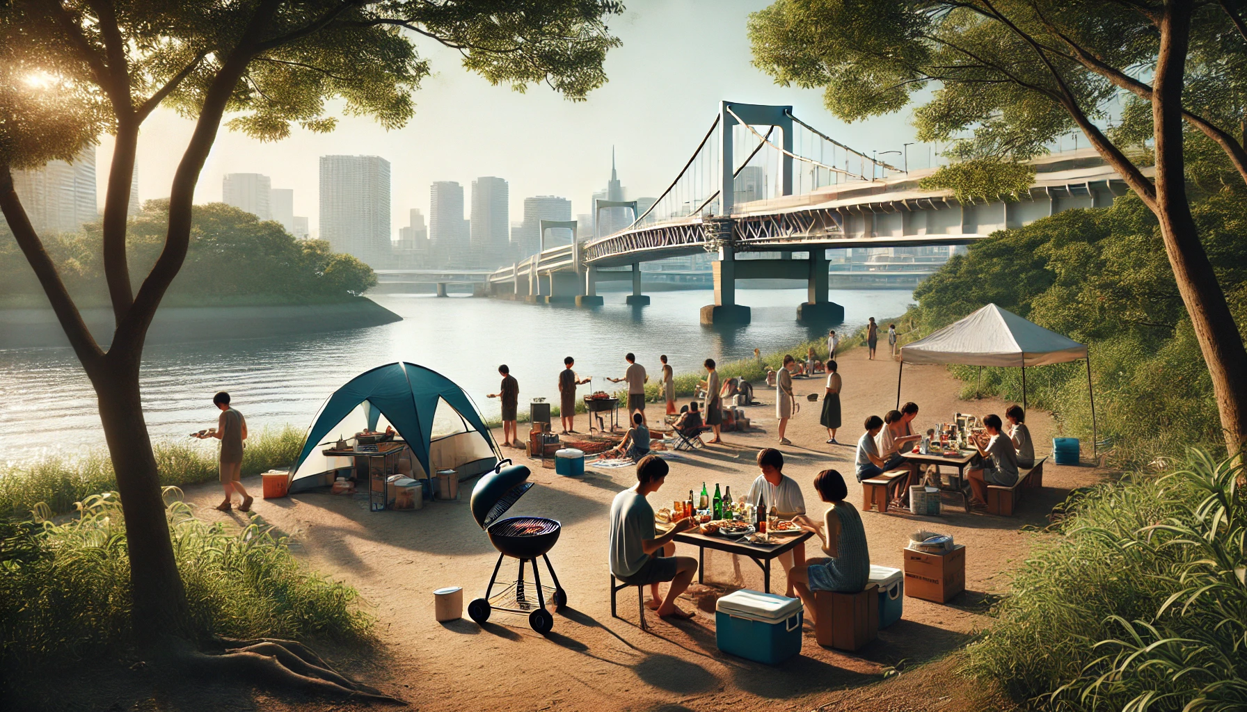 東京都の河川敷でのバーベキュー