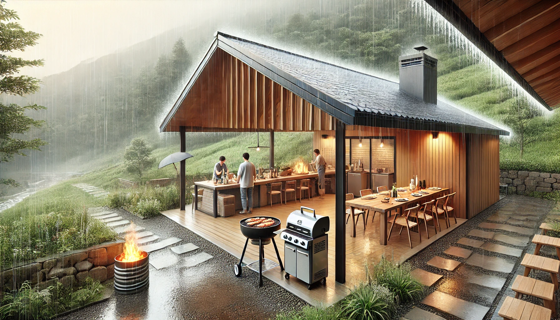 雨でも安心なBBQコテージ